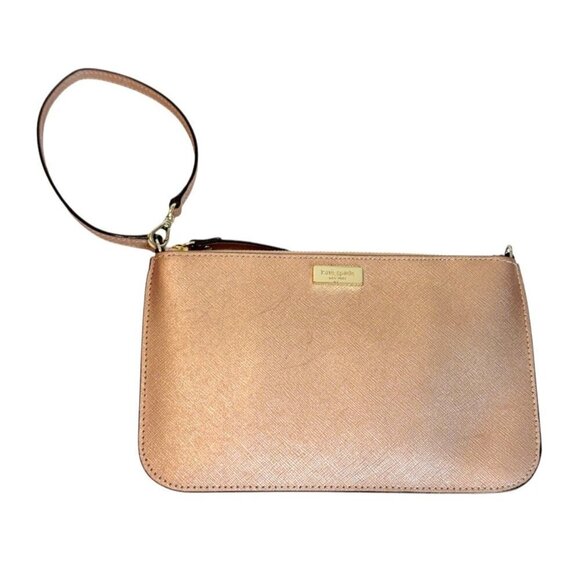 Kate Spade Women's Textured Rose Gold Leather Wristlet Logo Gold Trim - Picture 1 of 5